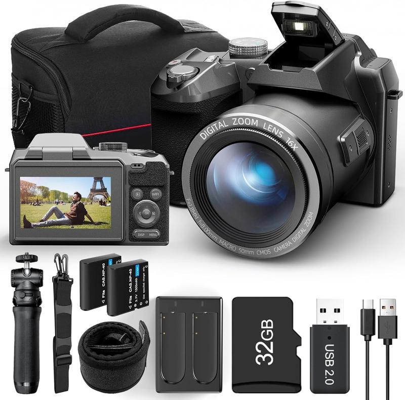 64MP Digital Cameras for Photography Autofocus, 4K vlogging Camera,16X Anti-Shake Compact Travel Camera with WiFi & App Control,SD Card, 2 Batteries (S200 Black) 10x micro sd Full HD Camcorder with Remote and Fill Light