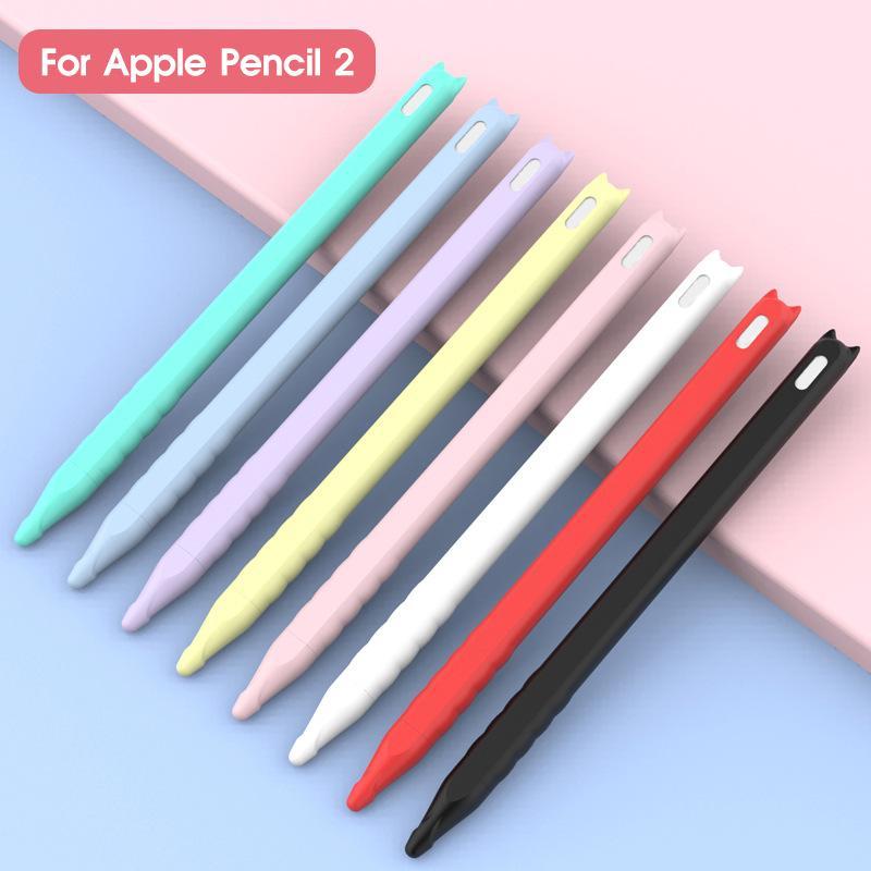 Silicone Capacitive Pen Case with 2 Pen Cap, Cute Cat Ear Design Soft Protective Cover, Tablet Accessories for Apple Pencil 2