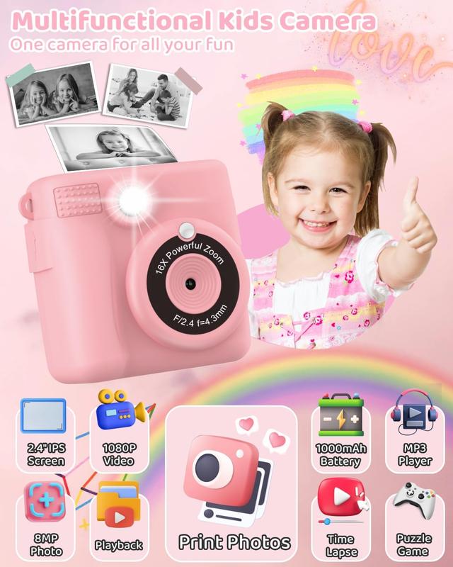 Instant Print Camera for  with 3 Rolls of Printer Paper, 1080P Toddler Digital Camera Toys for Age 3-12 with 32GB SD Card, Christmas & Birthday Gifts for 3 4 5 6 7 8 Year Old Girls & Boys (Pink)