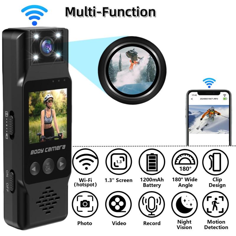 Portable 4K Sports Camera, Wireless WiFi Hotspot Body Cam with 1.3-inch LCD Display & LED Night-Vision, Wearable Action Camera for Outdoor Sport, Body Cameras, Vlogging Camera, Recording Camera