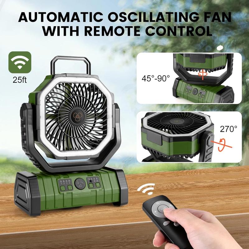 20000mAH Camping Fan Battery Operated Powered Fan with LED Lantern Light Rechargeable Portable Fan, Oscillating Fan with 270° Rotation Hanging Hook for Tents, Cordless USB Desk Fan，Power Bank(Orange)