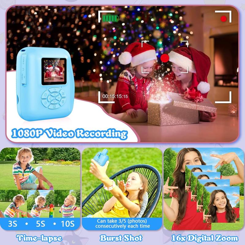 Instant Print Camera for  1080P Digital Camera, Selfie Video Phone Connected Ideal Gift Boys Girls 3-12 with 32G TF Card, Toys Gifts for Girls Boys Christmas Birthday Holiday (Blue)