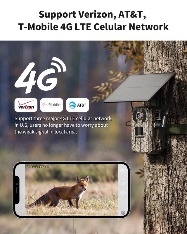 [Black Friday Deal]4G LTE Wireless Solar Powered Trail Camera with 2K Live Video, Built-in SIM Card, UNLIMITED Data Plan, NOT SUPPORT WIFI, 0.2S Trigger Time Motion Activated, Low-Glow Night Vision, Hunting Connection Memory Wireless Trail Camera