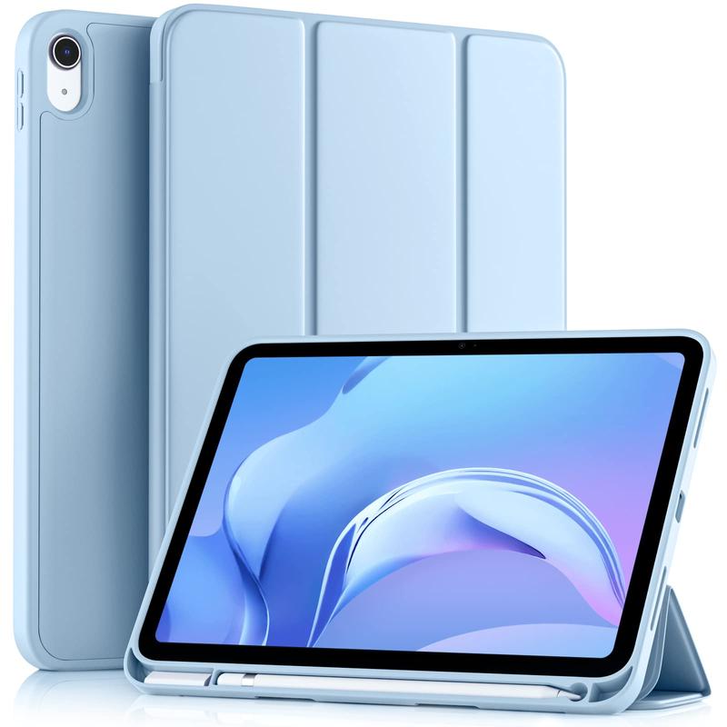 Compatible with iPad 10th Generation Case 10.9 Inch 2022 with Pencil Holder, Slim Trifold Stand Protective Cover with Soft TPU Back, Auto Sleep Wake, Sky Blue