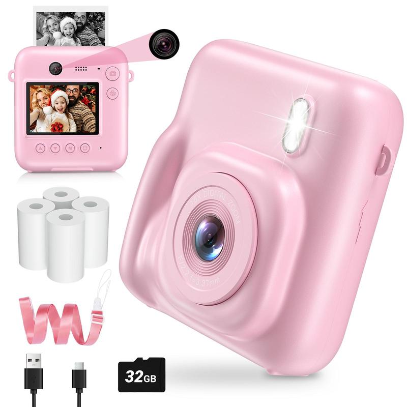 Portable Instant Print Camera, 1080P Video Camera with 32G Card & 4 Rolls Print Paper, Camera for Boys and Girls Birthday Gifts