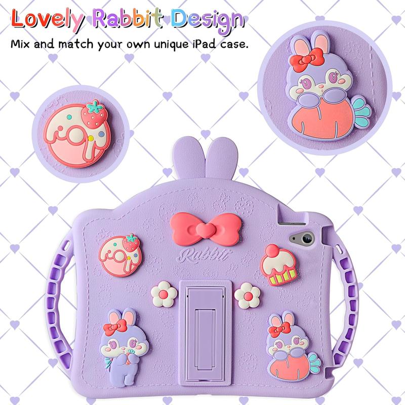 for iPad 10th Generation Case for iPad 10th 10.9 Cover with Screen Protector Shoulder Straps Handle Cute Rabbit Soft Silicone Tablet Case Kids Girls for iPad 10th Generation 2022 10.9''-Purple