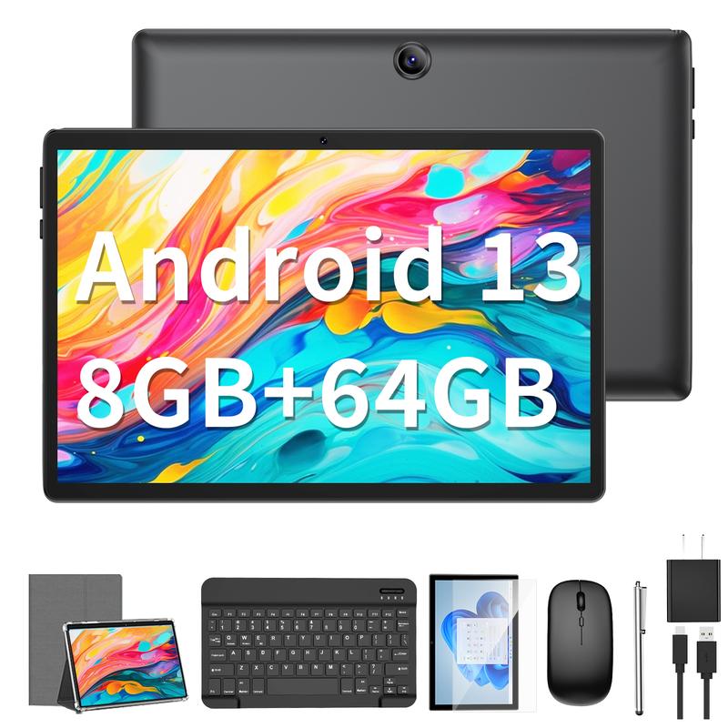 Relndoo 10.1 inch tablet with Keyboard, Mouse, Stylus, Case, Android 13, Quad Core 64GB ROM, WiFi, 6000mAh, Bluetooth