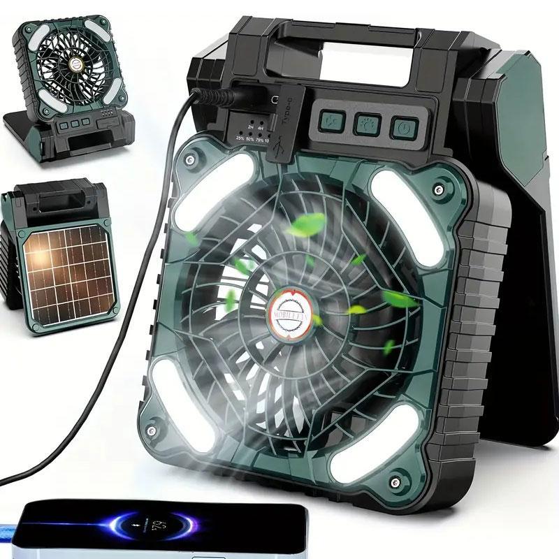 Portable Fan for Summer, Solar Powered 4 Speeds Fans, Rechargeable Desk Cooling Fan with LED Lights, Cooling Fan for Bedroom, Folding USB Charger Port Camping Fan Power Bank