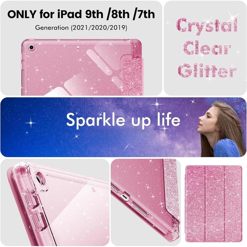 for iPad 9th Generation 2021  iPad 8th Generation 2020  iPad 7th Generation 2019 Case 10.2 inch, Glitter Cover with Clear , Pencil Holder for  Girls, Pink