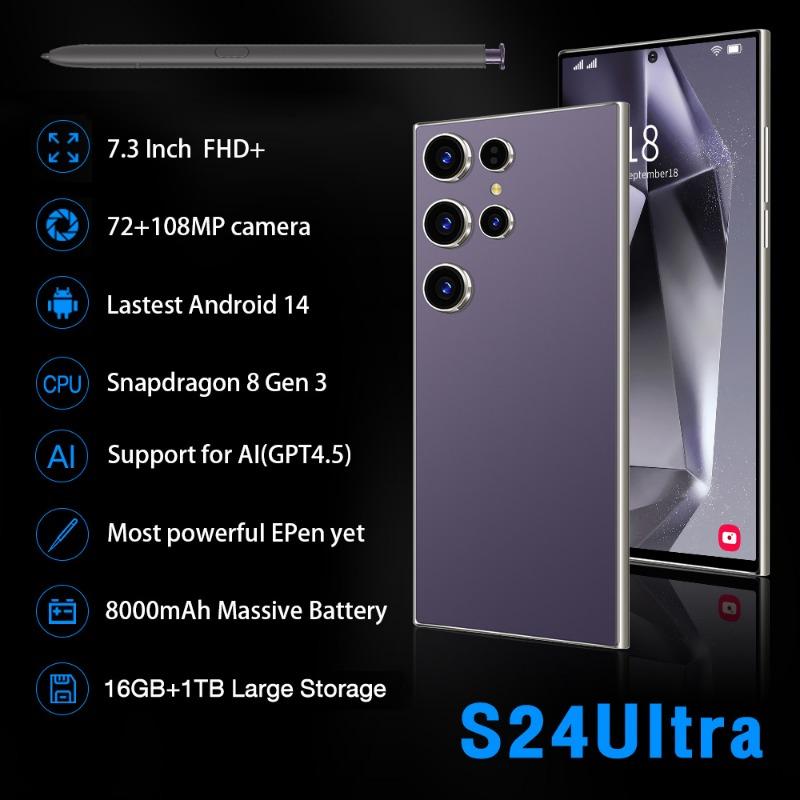 QEK limited time promotion S24 Ultra unlocked Android phone 7.3 high-definition screen mobile smartphone 1+16 4G 5G dual card Celulares Android unlock 8000mAh S24 Ultra 5G smartphone equipped with NFC