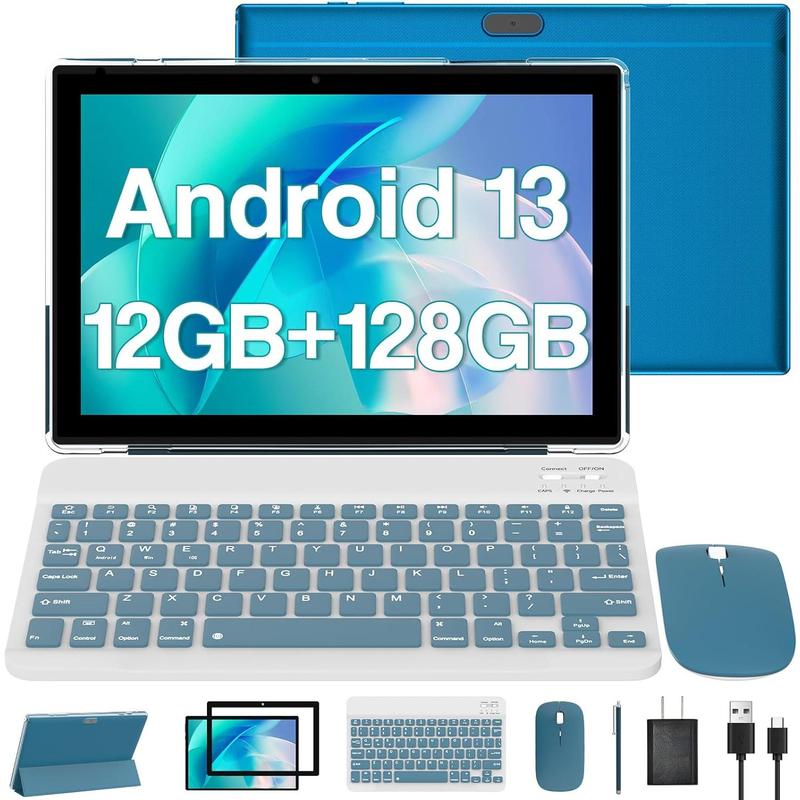 Newest 13 Tablet 10 Inch, 12GB RAM 128GB ROM 1TB Expandable Tablet PC, 2 in 1 Tablets with Keyboard, Quad-Core 2.0GHz CPU HD Screen, Google Certified 5G WiFi 6 BT 5.0, 8MP Camera Tableta