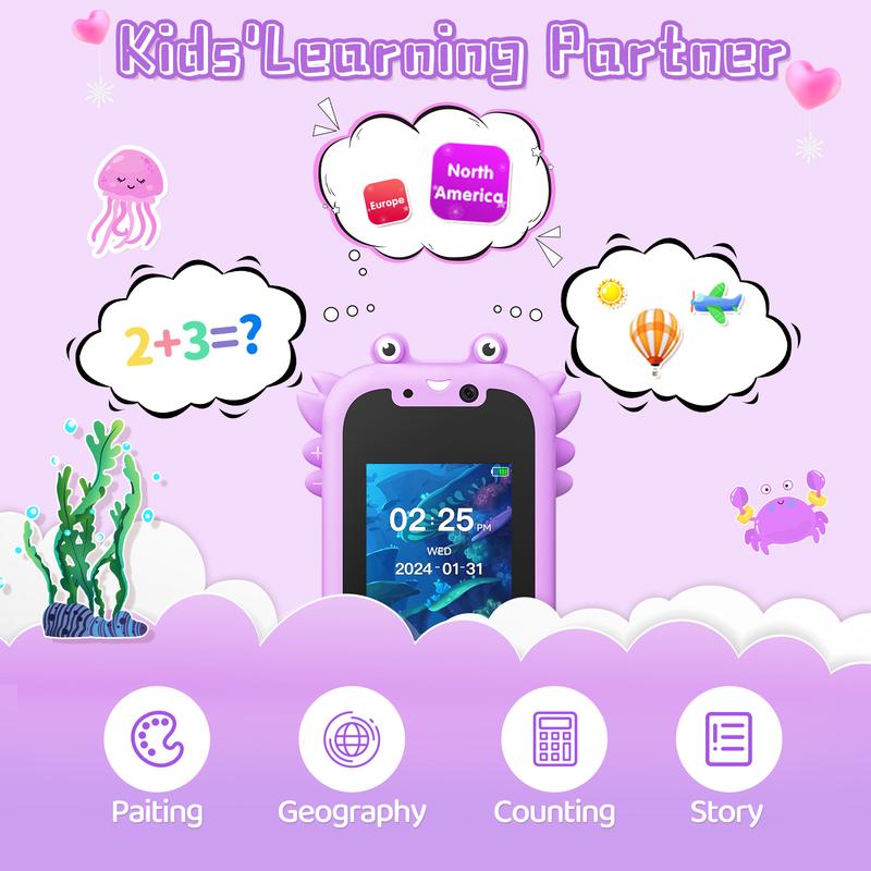 Kids Smart Phone for Girls Boys Toddlers Baby Childrens81.98 Years Old 3-10,Touchscreen HD Dual Camera Learning Cell Phone for Kids with Music Player, Games, 16GB SD Card ,Christmas Birthday Gift for Kids Interactive Selfie