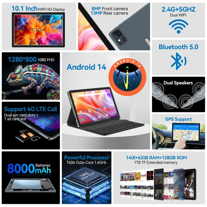 2025 Newest Android 14 Tablet 10 inch,4G Cellular Tablets with 2 SIM 1 SD slot,5G Wifi Android Tablet 128GB ROM +14GB RAM, 3-in-1 Tablet with Keyboard-8000mAh,Octa-core ,13MP+8MP,GPS Tablet on sale  Christmas gift  Black Friday Deal Smartphone Cellphone