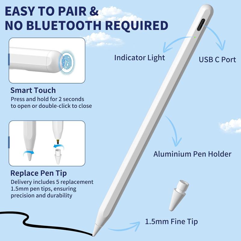 iPad Apple Pencil 9th&10th Generation, Fast Charge Stylus Pen for iPad Palm Rejection and Tilt Sensitivity, Compatible with iPad Pro 11 12.9in, iPad Mini 5 6, iPad 6 7 8 9 10, iPad Air 3 4 5 (White)