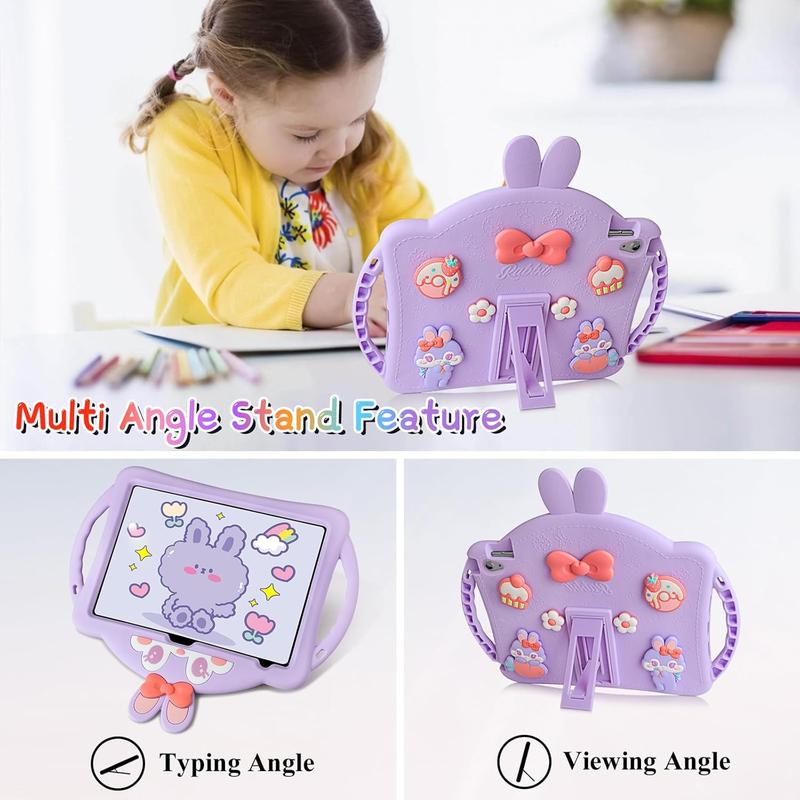 for iPad 10th Generation Case for iPad 10th 10.9 Cover with Screen Protector Shoulder Straps Handle Cute Rabbit Soft Silicone Tablet Case Kids Girls for iPad 10th Generation 2022 10.9''-Purple