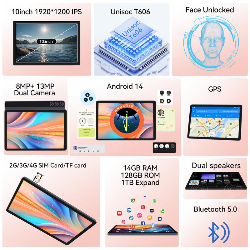 2025 Newest Android 14 Tablet 10 Inch Octa-Core Tablet, Dual 4G Cellular Tablet with 128GB ROM+14(8+6)GB RAM 512GB Expandable, 13MP+8MP Camera Tablet with GPS 5G WiFi HD Display Black Friday Deal  Christmas gift  tablet on sale Smartphone Cellphone