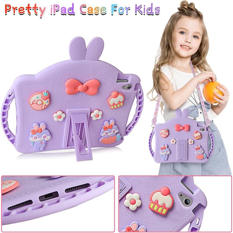 for iPad 10th Generation Case for iPad 10th 10.9 Cover with Screen Protector Shoulder Straps Handle Cute Rabbit Soft Silicone Tablet Case Kids Girls for iPad 10th Generation 2022 10.9''-Purple