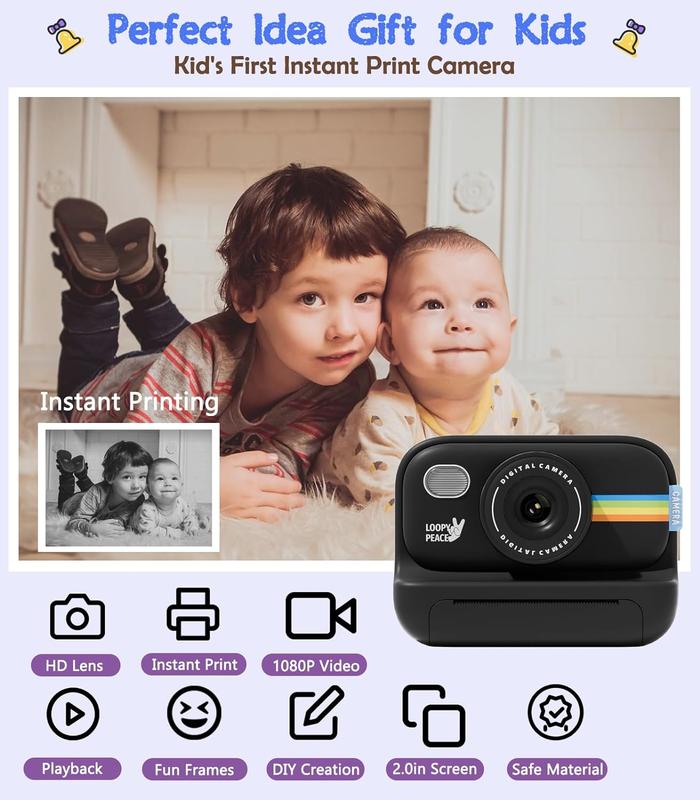 Camera Instant Print, Inkless Camera Instant Print, Digital Video Cameras, Christmas Birthday Gifts Chargeable Sd Card Charging Adjustable Durable camera with printer