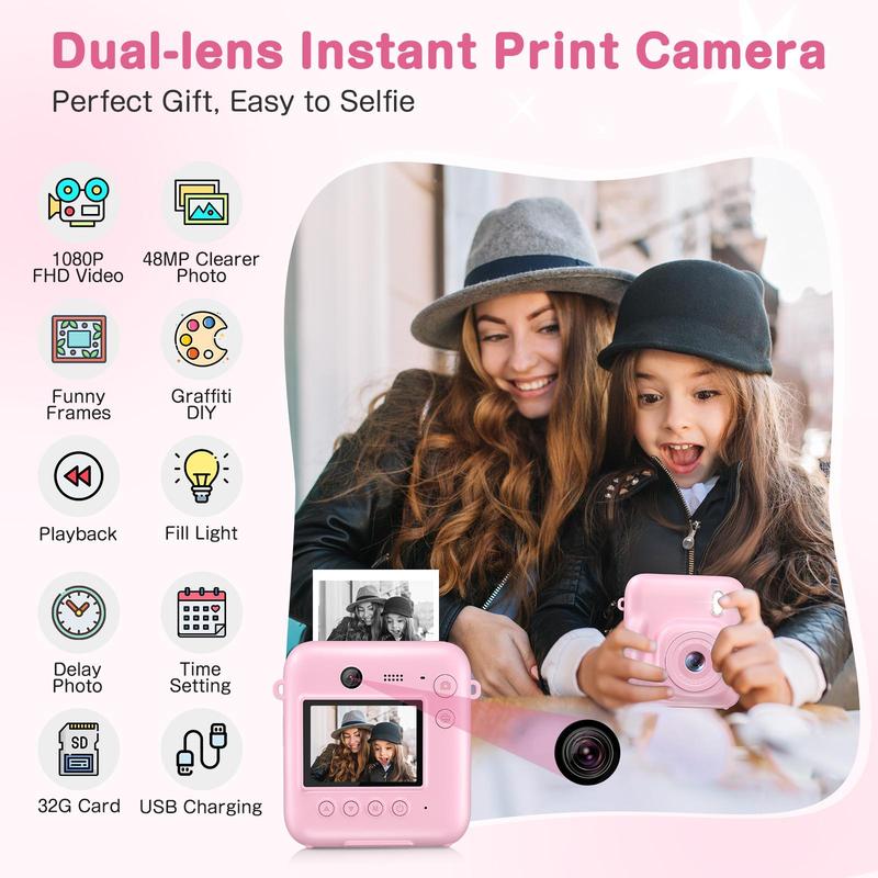 Portable Instant Print Camera, 1080P Video Camera with 32G Card & 4 Rolls Print Paper, Camera for Boys and Girls Birthday Gifts