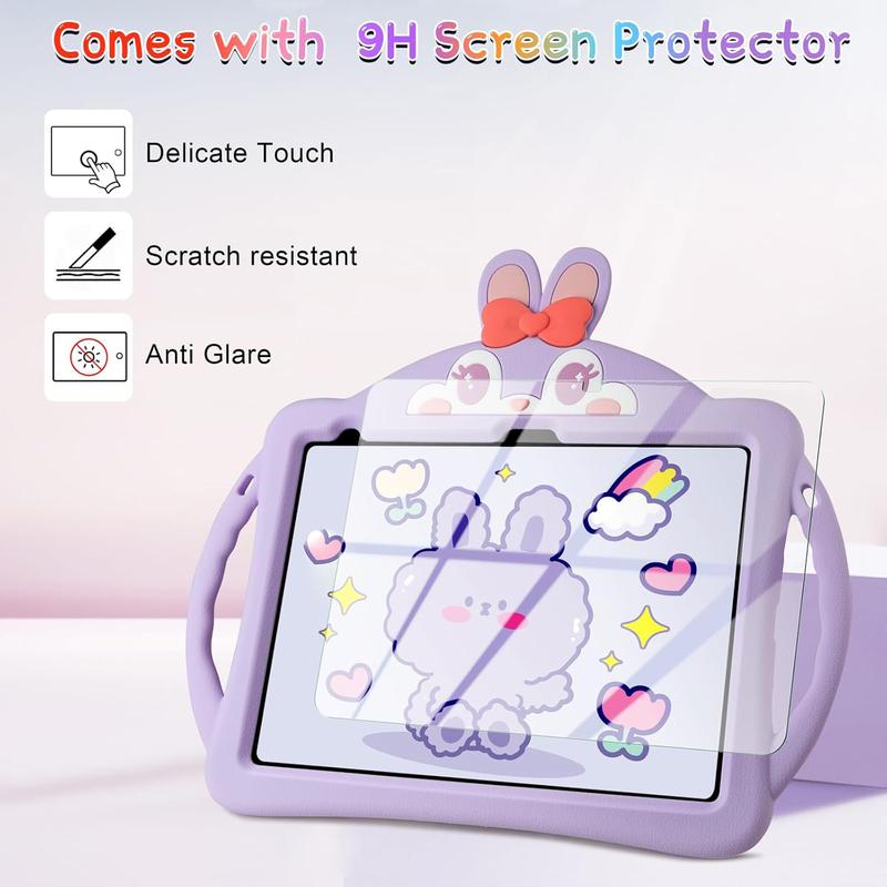 for iPad 10th Generation Case for iPad 10th 10.9 Cover with Screen Protector Shoulder Straps Handle Cute Rabbit Soft Silicone Tablet Case Kids Girls for iPad 10th Generation 2022 10.9''-Purple