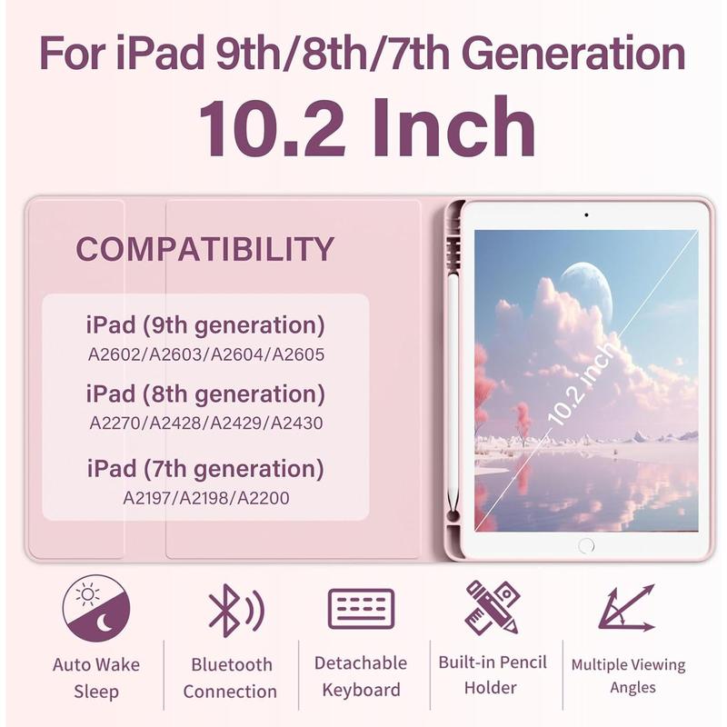 Keyboard Case for iPad 9th Generation iPad 8th Generation iPad 7th Generation(2021 2020 2019), 10.2 inch iPad 9 8 7 Case with Keyboard, Auto Wake Sleep Case with Pencil Holder, Pink