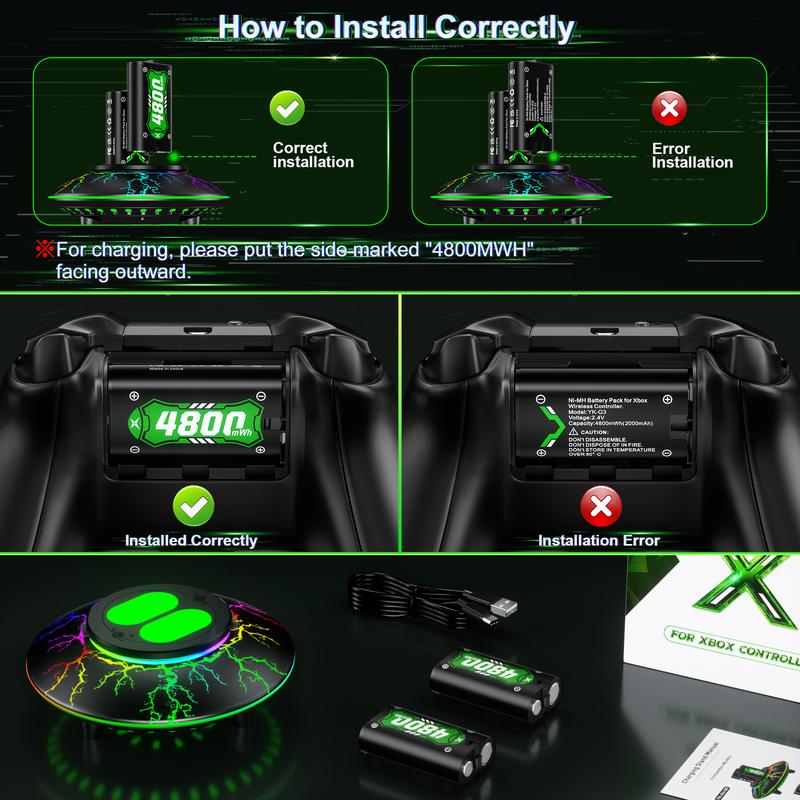 Ukor Lightning 2×4800mWh Xbox Controller Rechargeable Battery Pack with Fast Charging RGB Lightning Charger, Compatible with  Xbox One, Xbox One S X, Xbox One Elite, Xbox Series S X, 6 Switchable RGB Color Modes