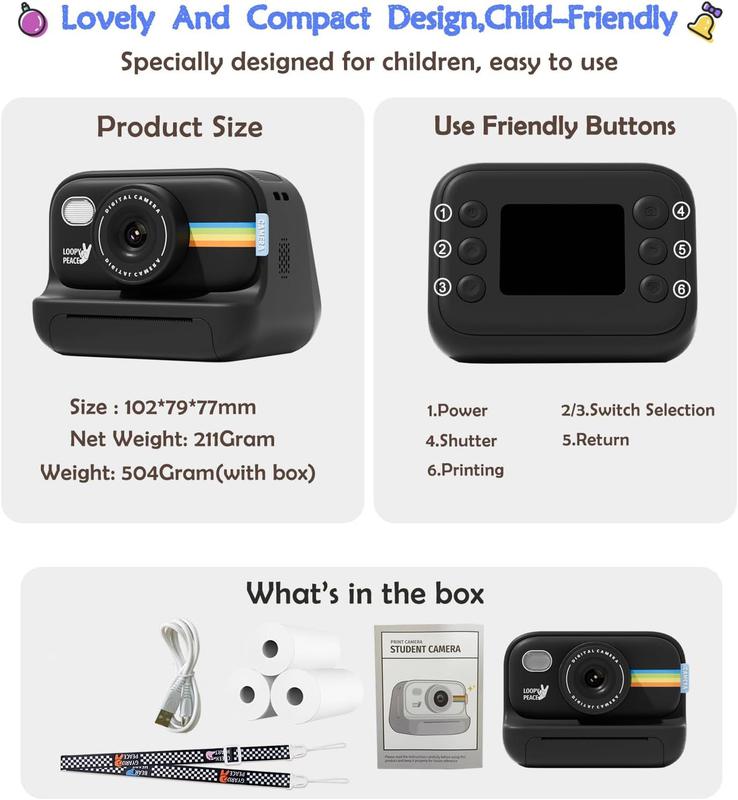 Camera Instant Print, Inkless Camera Instant Print, Digital Video Cameras, Christmas Birthday Gifts Chargeable Sd Card Charging Adjustable Durable camera with printer