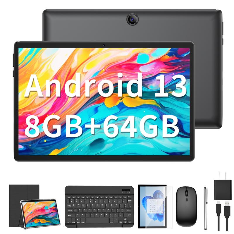 Relndoo 10.1 inch tablet with Keyboard, Mouse, Stylus, Case, Android 13, Quad Core 64GB ROM, WiFi, 6000mAh, Bluetooth