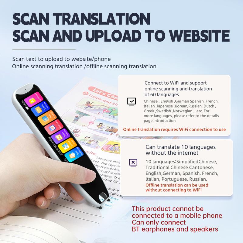 Intelligent translation pen 3.69 inch screen, large screen, ultra-high definition, can translate 10 languages without Internet, WiFi can scan and translate 60 languages online, and 17 system languages can be switched Cable Charging