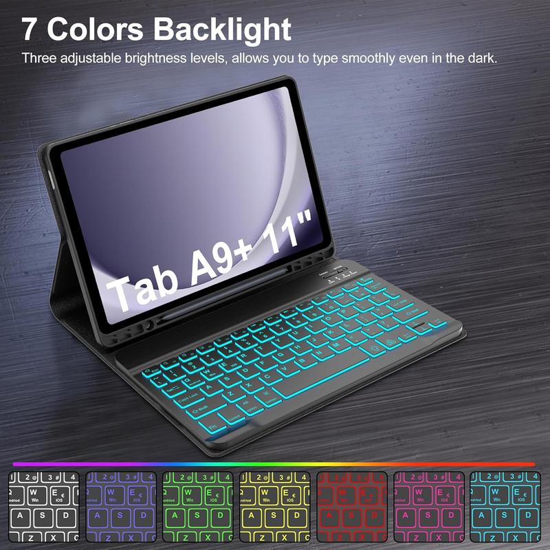 Galaxy Tab A9 Plus Case with Keyboard 11 inch, Detachable   Keyboard, 7 Colors Backlit, Slim  Folio Cover with S Pen Holder for A9+ 5G (SM-X210 X216 X218), Auto Sleep Wake, Black