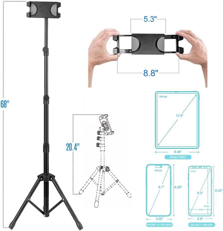 Tablet Tripod for iPad Pro Floor Stand Tripod Mount for Surface Pro Samsung Tab S9+ Holder Stand w. Remote 360° Rotating Adjustable 68