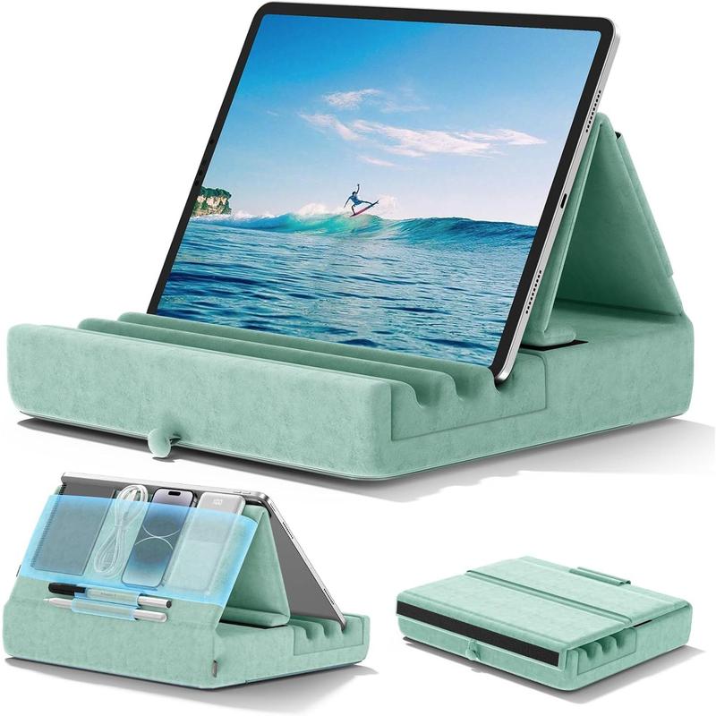 Tablet Pillow Holder, Foldable iPad Stand for Lap, Bed and Desk -Tablet Soft Pad Dock with Pocket & Stylus Mount Compatible with iPad Pro 12.9, 10.5, 9.7 Air Mini 6 5 4 3, E-Reader