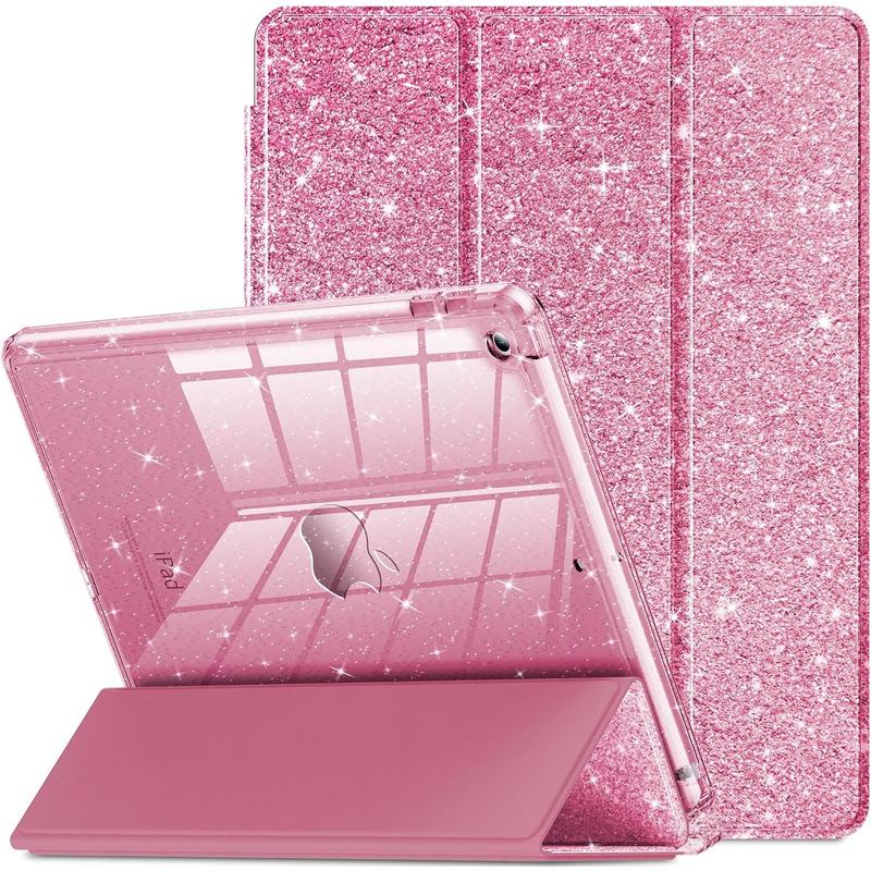 for iPad 9th Generation 2021  iPad 8th Generation 2020  iPad 7th Generation 2019 Case 10.2 inch, Glitter Cover with Clear , Pencil Holder for  Girls, Pink