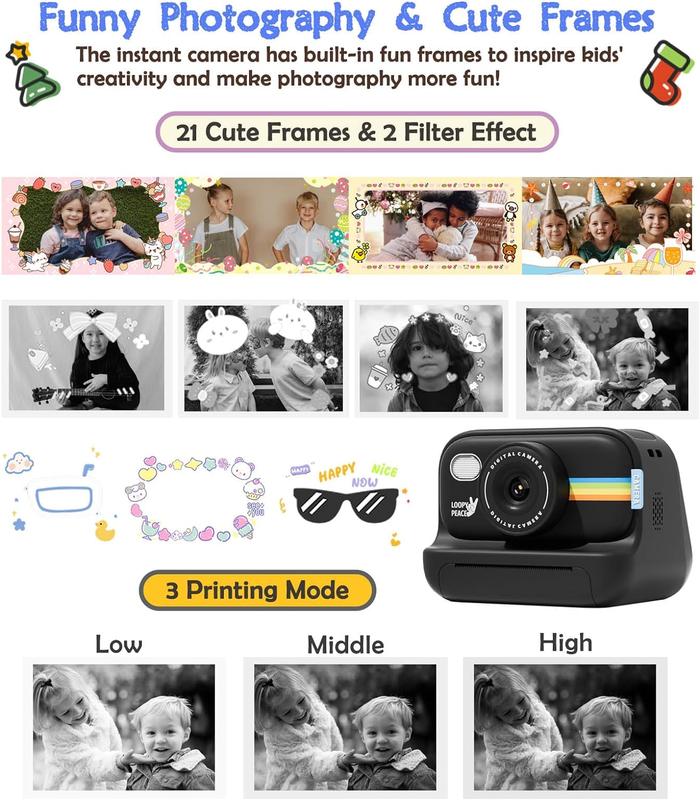 Camera Instant Print, Inkless Camera Instant Print, Digital Video Cameras, Christmas Birthday Gifts Chargeable Sd Card Charging Adjustable Durable camera with printer