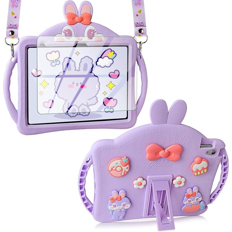 for iPad 10th Generation Case for iPad 10th 10.9 Cover with Screen Protector Shoulder Straps Handle Cute Rabbit Soft Silicone Tablet Case Kids Girls for iPad 10th Generation 2022 10.9''-Purple