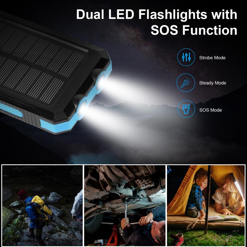 38800mAh Portable Solar Charger: Waterproof, dual USB outputs, and LED flashlights. Perfect for camping and outdoor use! Harness solar power!