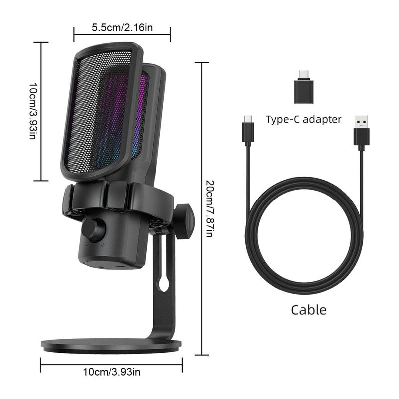 USB Powered Microphone with RGB Light, USB Microphone with Type-C Adapter, Microphone Compatible with Computer & Type-C Interface Devices