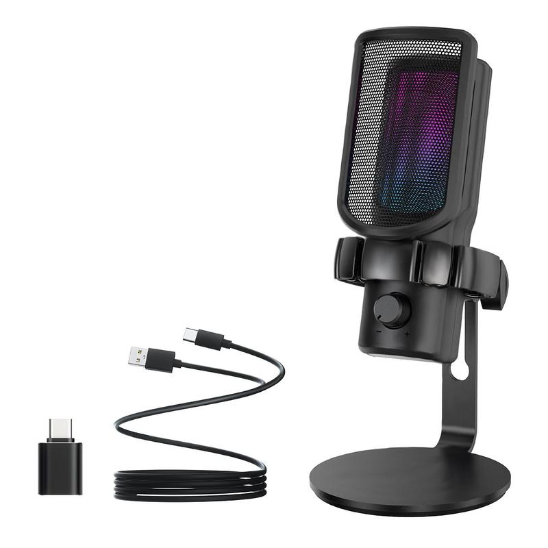 USB Powered Microphone with RGB Light, USB Microphone with Type-C Adapter, Microphone Compatible with Computer & Type-C Interface Devices