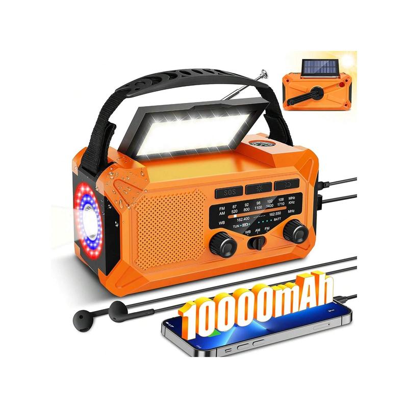 10000mAh Emergency Weather Radio With Solar Charging, Hand Crank Radio Solar Radio Portable Radio AM FM NOAA Radio LED Flashlight Reading Lamp Compass Phone Charger Outdoor Camping