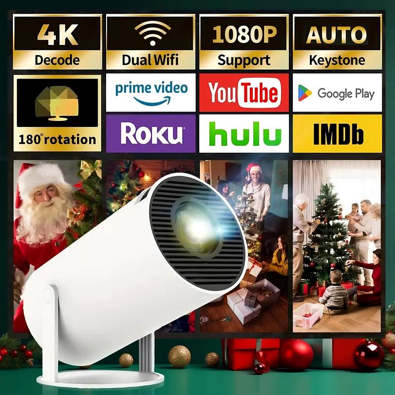 Mini Projector Portable, Christmas presents,4K 1080P Full HD Supported, WiFi6+Bluetooth 5.0,180°Rotatable Outdoor Projector,Built-in Android Homeuse Outdoor for Bedroom Christmas and New Year Gifts