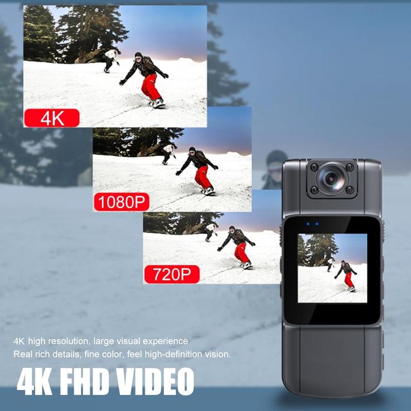 4K UHD Mini Body Camera with Audio and Video Recording 150°Wide Angle 180°Lens Rotatable 7 Hour Battery Life Video Camera with 1.54in TFT Screen Night Vision Detection for Daily Record Service