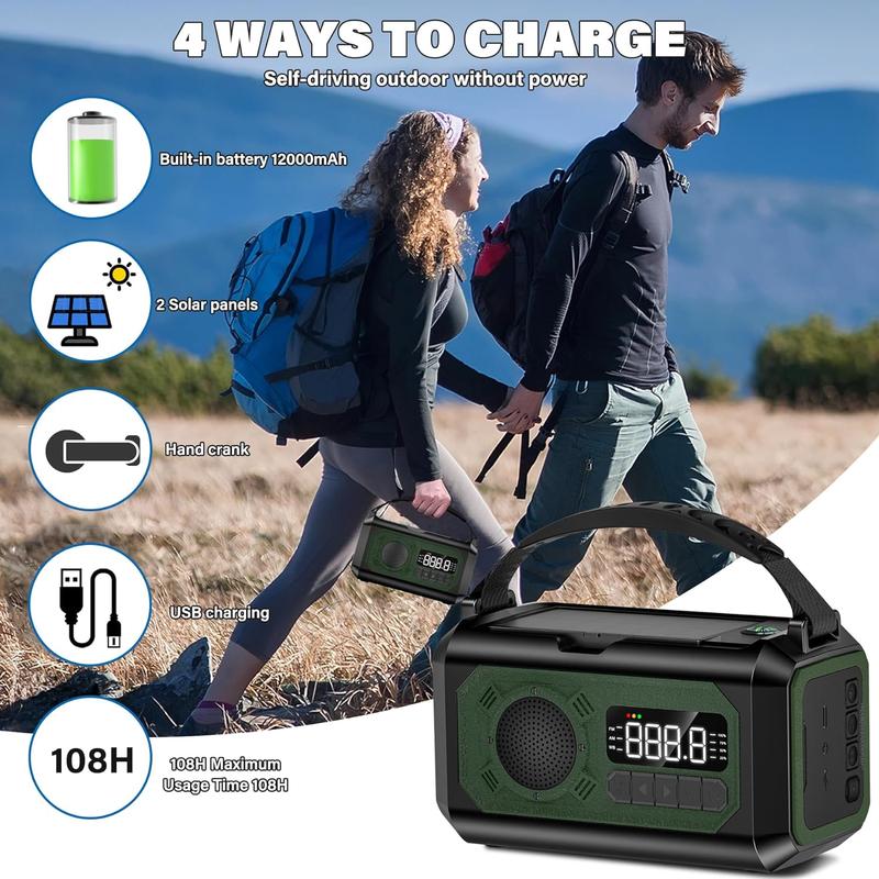 12000mAh Portable Emergency Weather Radio Hand Crank Radio AM FM NOAA Radio Solar Radio with 2 Solar Panels 3 Charging Methods SOS Alarm 3 Mode Flashlight Phone Charger Reading Lamp Audio