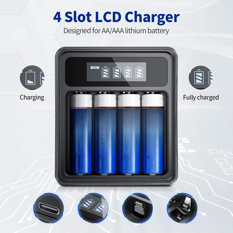 Rechargeable AA Lithium Batteries 1.5V with Charger, 4 Bay Individual Battery Charger,Fast Charging,4 Pack