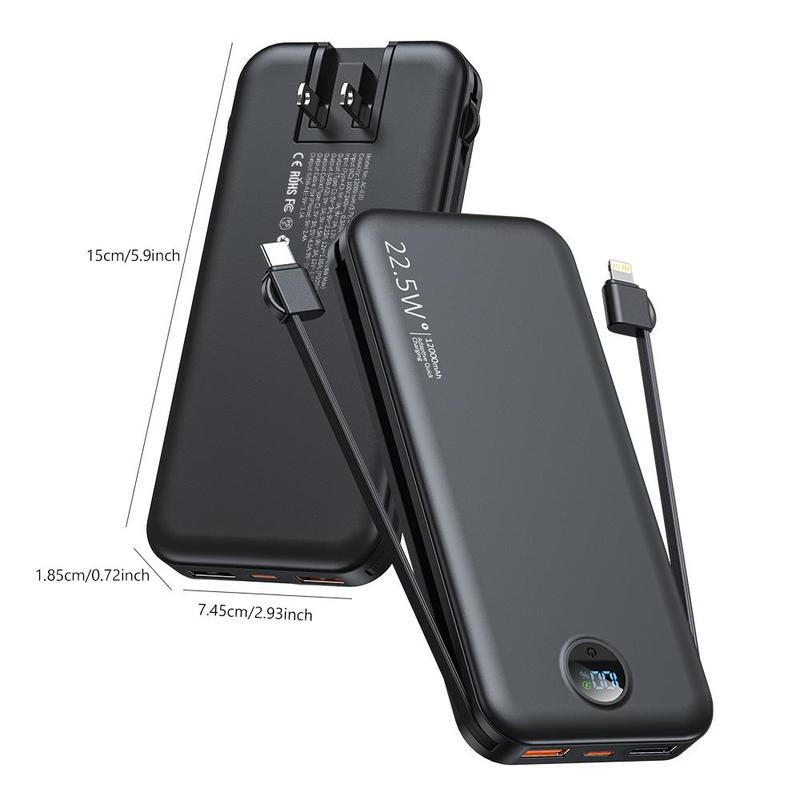 12000mAh Power Bank, Portable Charger With 2 built-in Cable For Music Festival, Digital Display QC4.0 PD3.0 Fast Charging Power Bank With Foldable Wall Plug for Summer, Mobile Chargeable Devices, Phone Charger For iPhone Huawei, Smartphone Accessories