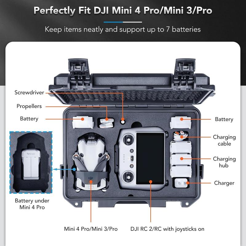 Titan MM410 Waterproof Hard Case for DJI Mini 4 Pro Mini 3 Pro and RC2 RC RC-N2 N1, Support 7 batteries and RC lanyard [CASE ONLY]