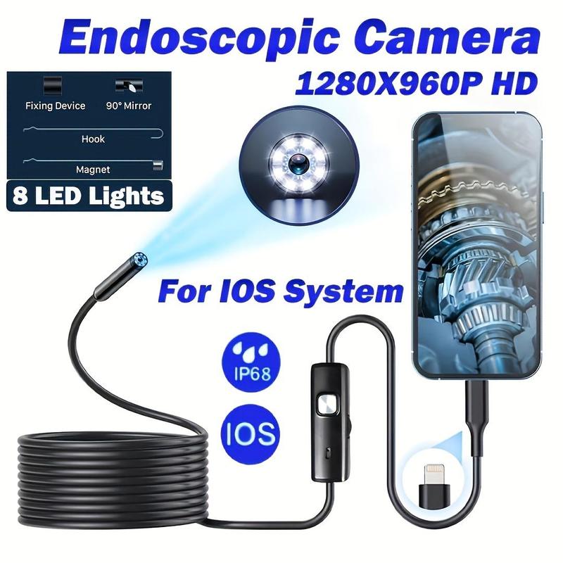 Multipurpose Industrial Endoscope for Cellphone Smartphone, 1 Count Waterproof Tube Sink Drain Pipe Mobile Camera with LED Light, HD Inspection Camera for iPhone & iPad, Detecting Tools