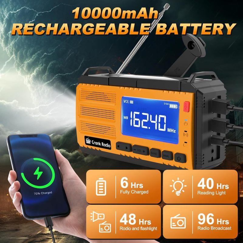 Emergency Weather Radio Solar Hand Crank Emergency Radio 10000mAh AM FM NOAA Weather Radio with LCD Display 3 Mode Flashlight SOS Alarm Compass Headphone Jack for Home Camping Emergency