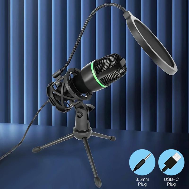 USB Wired Microphone, RGB Noise Condenser Microphone, Computer Microphone with Stand, Professional Microphone for Podcast Recording, Live, Gaming