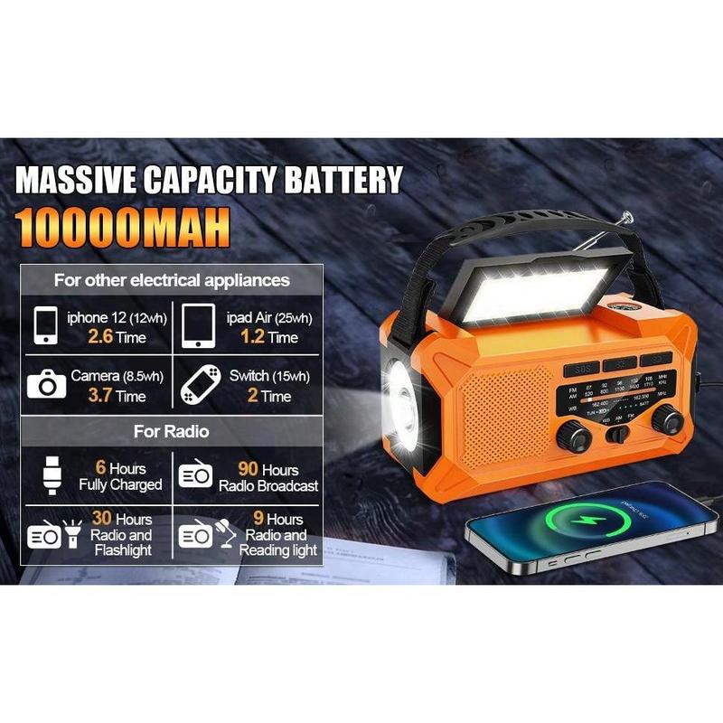 10000mAh Emergency Weather Radio With Solar Charging, Hand Crank Radio Solar Radio Portable Radio AM FM NOAA Radio LED Flashlight Reading Lamp Compass Phone Charger Outdoor Camping