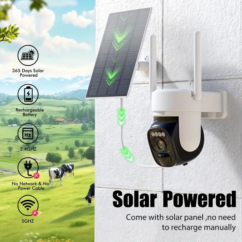 Solar Outdoor Wireless Surveillance Camera, 2K 360° Panoramic Tilt Low-Power WiFi Surveillance Camera, CCTV 2.4G WiFi, AI motion detection PTZ, color night vision, two-way audio, cloud storage, application connection. cctvcamera wireless securitycamera